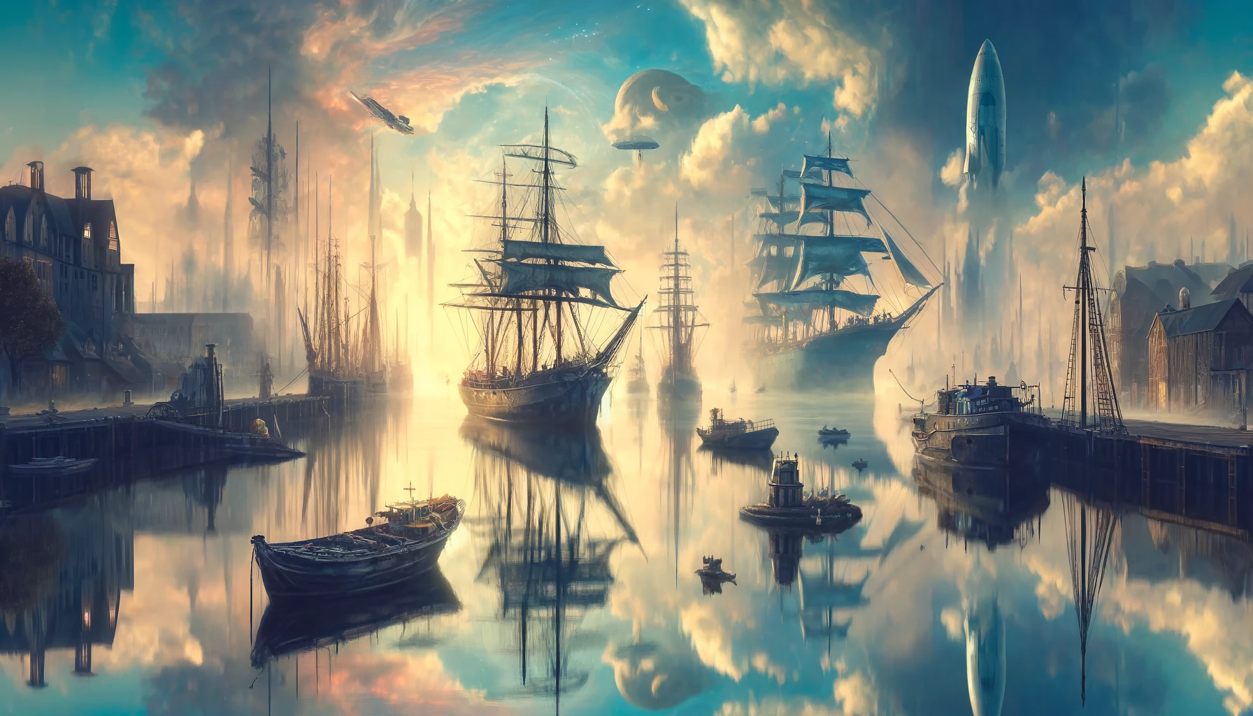 DALL·E 2024-04-02 18.39.40 - Create a surrealistic artwork depicting a harbor scene where old boats, sailships, and a futuristic space vessel coexist. The setting is ethereal and .webp